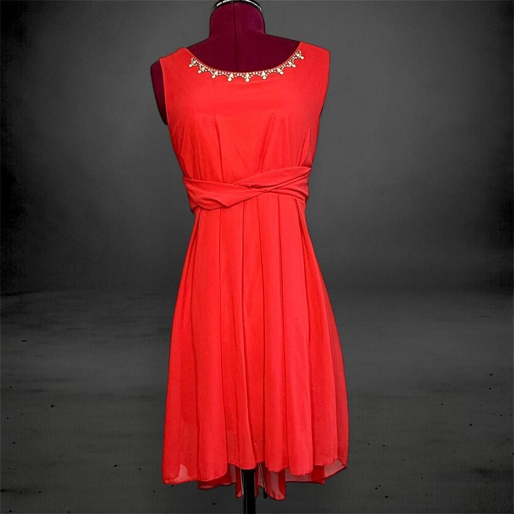 Red Chiffon Mermaid Cocktail Dress with Rhinestone & Faux Pearl Collar
